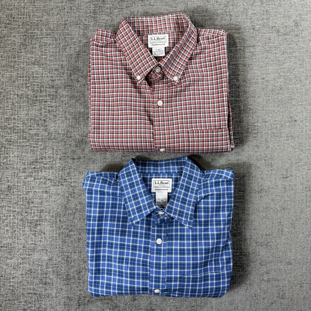 L.L. Bean Plaid Shirts Mens Size L Long Sleeve Traditional Fit Blue Red Lot Of 2